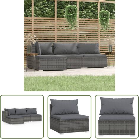 Salon de jardin 4 pcs avec coussins Gris Résine tressée