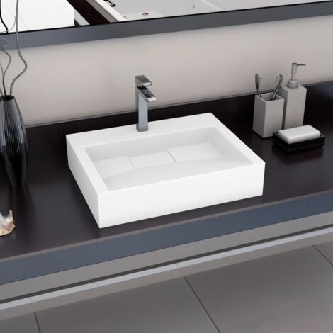 Vidaxl – Vasque à poser 60x38 cm en fonte minérale blanche – Installation au-dessus du comptoir ou suspendue – Trou de robinet inclus