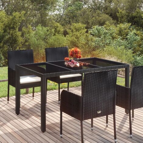 Vidaxl – Table de jardin en résine tressée noire 150x90x75cm – Dessus en verre trempé – Capacité 110 kg – Montage facile avec manuel inclus