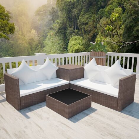 Vidaxl – Salon de jardin 4 places en résine tressée marron – Coussins en polyester – Table basse avec verre – Coffre de rangement inclus (1/5)