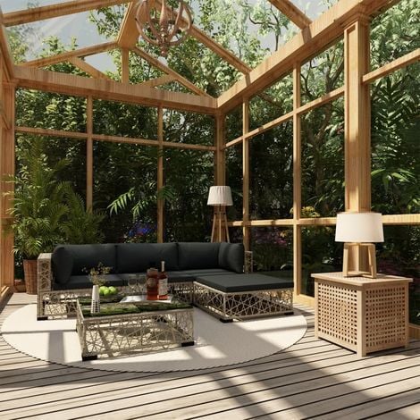 Salon de jardin 5 pcs avec coussins Résine tressée Gris
