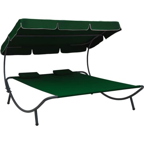 Lit de repos d'extérieur avec auvent et oreillers Vert vidaXL