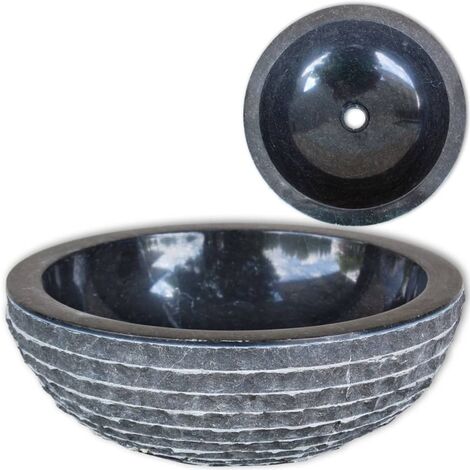 Vidaxl – Lavabo rond en marbre noir 40 cm – Surface polie et extérieure rugueuse – Diamètre trou de vidange 4,5 cm – Vasque à poser élégante (1/5)