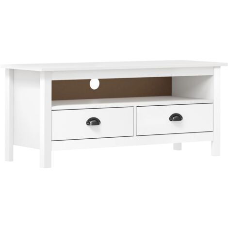 Vidaxl – Meuble TV blanc 110x40x47 cm en bois de pin massif – 2 tiroirs avec poignées – Gamme Hill pour rangement optimisé (1/4)