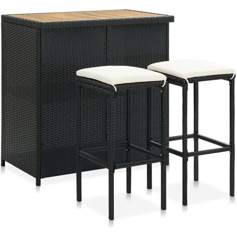 Vidaxl – Ensemble de bar 3 pièces en poly rotin noir – Tabourets avec coussins confortables – Table en bois d’acacia avec étagères de rangement