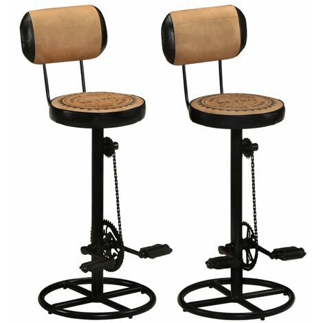 vidaXL Bar Stools with Canvas Print 2 pcs Brown and Black Real Goat Leather
