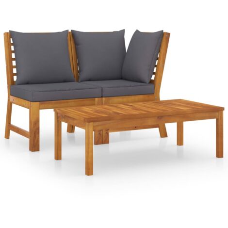 Salon de jardin 3pcs et coussin gris foncé Bois d'acacia solide vidaXL