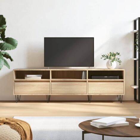 Jinlefu – Meuble TV chêne sonoma 150x30x44,5 cm – 6 compartiments de rangement – Pieds en fer pour stabilité – Bois d'ingénierie facile à nettoyer (1/5)