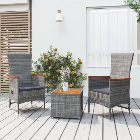 vidaXL 3 Piece Garden Lounge Set Grey Poly Rattan&Solid Wood Acacia (1/5)