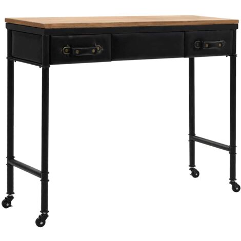 Vidaxl – Table console en MDF et bois de sapin 100 x 33,5 x 80 cm – 2 tiroirs en cuir artificiel – Roulettes flexibles pour déplacement facile