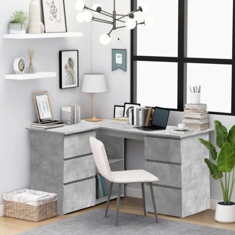Vidaxl – Bureau d'angle gris béton 145x100x76 cm – Bois d'ingénierie – 4 tiroirs et 2 étagères avec portes – Pour espaces de travail