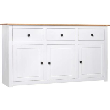 Vidaxl – Buffet blanc en pin massif 135x40x80 cm – 3 tiroirs et 3 compartiments – Style Panama – Grand espace de rangement (1/10)