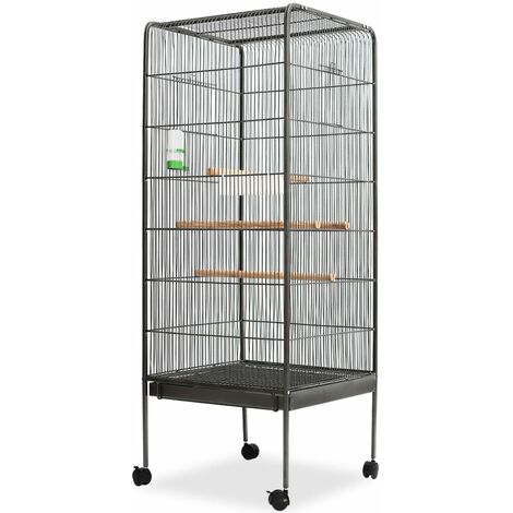 Vidaxl – Volière cage à oiseaux noir 54 x 54 x 146 cm – Acier avec 4 perchoirs en bois – Écart entre barreaux 1,2 cm – Roulettes pour déplacement facile (1/5)