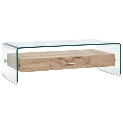 Vidaxl – Table basse relevable 98x45x31 cm – Verre trempé incassable – MDF clair avec étagère et tiroir – Style contemporain minimaliste