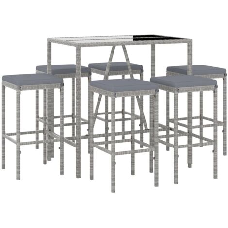vidaXL 7 Piece Garden Bar Set with Cushions Grey Poly Rattan