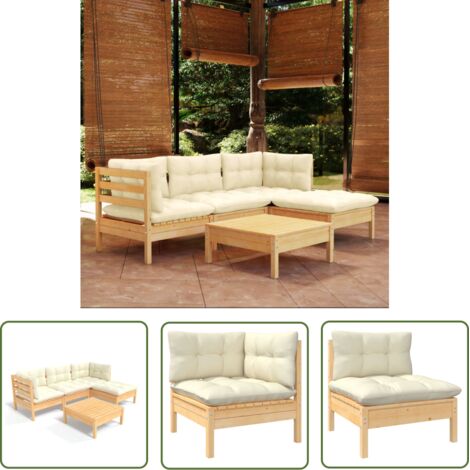 Vidaxl – Salon de jardin 5 pcs en bois de pin massif – Coussins crème confortables – Dimensions canapé 63,5 x 63,5 x 62,5 cm – Capacité 110 kg par siège (1/5)
