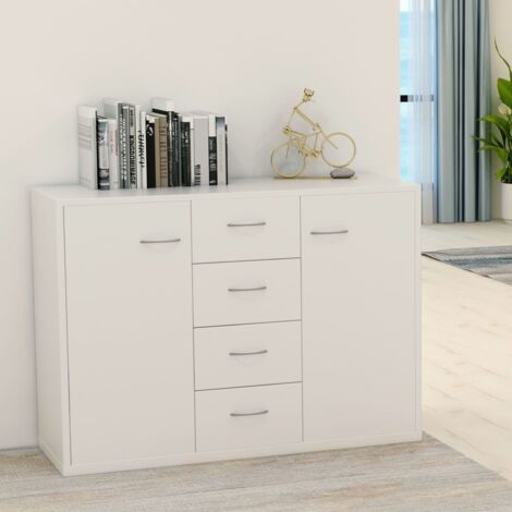 Vidaxl – Buffet blanc 88x30x65 cm en bois ingénieré – Style minimaliste contemporain – Rangement spacieux avec 4 tiroirs et 2 portes