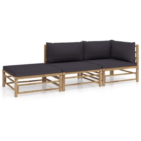vidaXL 3 Piece Garden Lounge Set with Dark Grey Cushions Bamboo