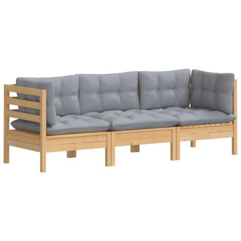 vidaXL 3-Seater Garden Sofa with Grey Cushions Solid Pinewood (806633+806645) (1/8)