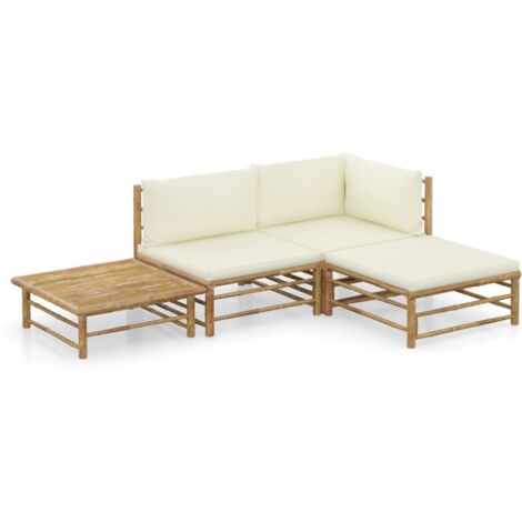 Vidaxl – Salon de jardin en bambou 4 places – Ensemble modulable avec coussins crème – Facile à nettoyer et à déplacer – Housses amovibles