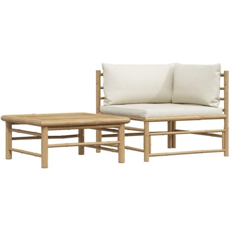 vidaXL 2 Piece Garden Lounge Set with Cream White Cushions Bamboo