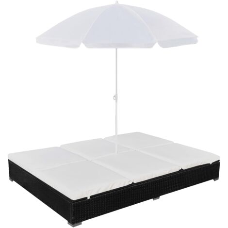 Vidaxl – Chaise longue d'extérieur avec parasol – Rotin synthétique noir – Cadre acier laqué – Coussins hydrofuges – Dimensions 197x140x190cm (1/8)