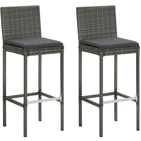 Vidaxl – Tabourets de bar de jardin avec coussins – Lot de 2 – Résine tressée grise – Cadre en acier enduit de poudre – Hauteur d'assise 75 cm