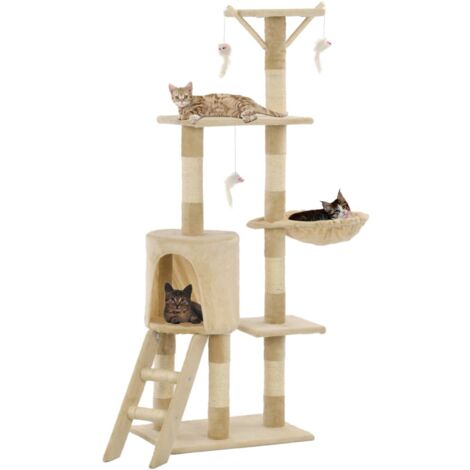 Vidaxl – Arbre à chat 138 cm beige – Griffoirs en sisal – Maison confortable – 3 jouets souris – Base robuste 49x35 cm (1/5)