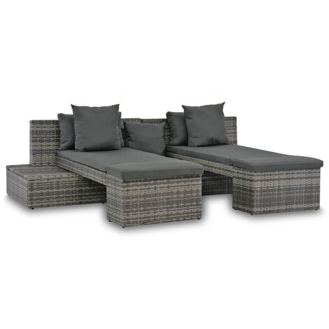 Vidaxl – Salon de jardin 4 pcs – Résine tressée gris – 2 canapés, 2 chaises longues – Coussins épais 15 cm – Dimensions 240 x 74 x 65 cm (1/6)