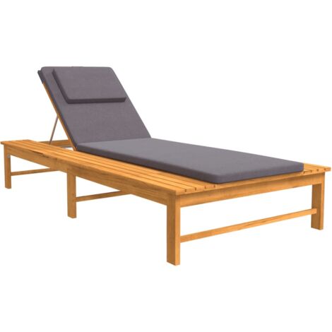 Vidaxl – Chaise longue en bois d'acacia massif avec coussin gris foncé – Dossier réglable 4 positions – Dimensions 200 x 95 x 32/63/74/80 cm (1/8)