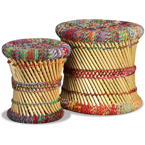 Vidaxl – Lot de 2 tabourets multicolores en bambou avec détails chindi – Pieds en fer pour stabilité – Dimensions 39x37cm et 31x31cm (H) – Fait main