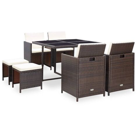 Vidaxl – Ensemble table et chaises de jardin 9 pcs – Rotin synthétique marron – Coussins amovibles en polyester – Structure en acier robuste