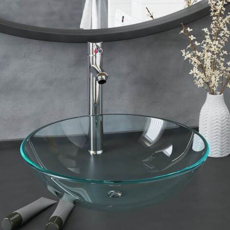 vidaXL Bathroom Sink with Tap and Push Drain Clear Tempered Glass (142229+149091+149064)