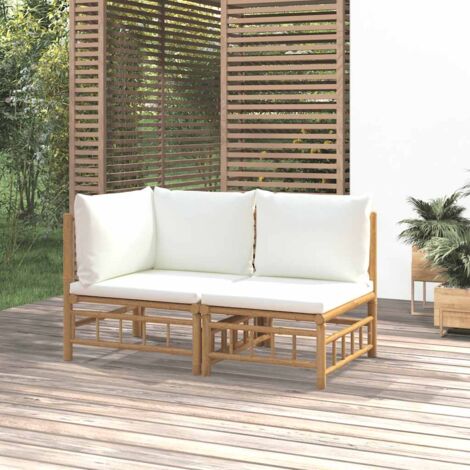 Vidaxl – Salon de jardin 2 pcs en bambou avec coussins blanc crème – Canapé central 55x69x65cm – Canapé d'angle 69x69x65cm – Conception modulaire (1/5)