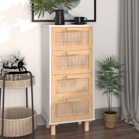 Vidaxl – Buffet blanc 40x30x90 cm en bois de pin massif et rotin naturel – 4 tiroirs pour rangement – Résistant à l'humidité