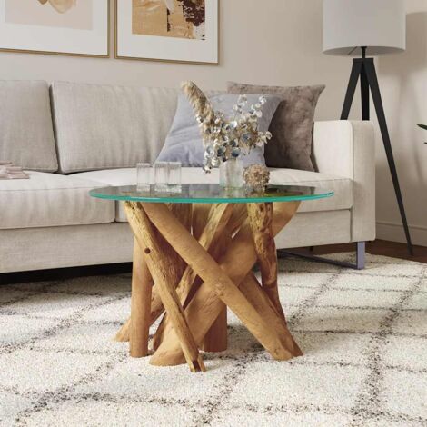 Vidaxl – Table basse en teck massif 60 cm – Design unique en bois flottant – Dessus en verre trempé – Artisanat fait main
