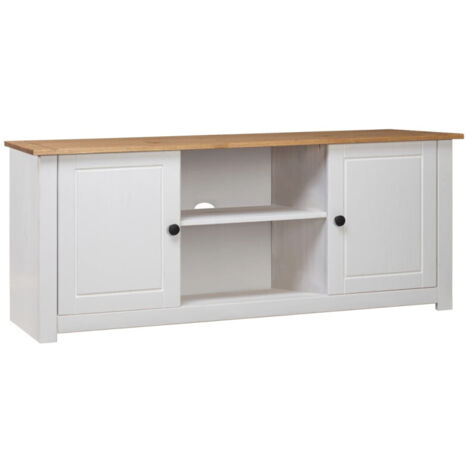 Vidaxl – Meuble TV blanc 120x40x50 cm en bois de pin massif – 2 portes et 2 compartiments – Design rustique et rétro (1/5)