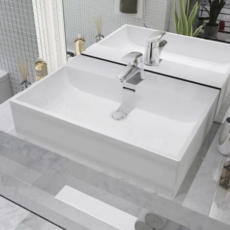 Vidaxl – Vasque à encastrer céramique blanche 60,5x42,5x14,5cm – Trop-plein intégré – Installation murale ou au-dessus du comptoir