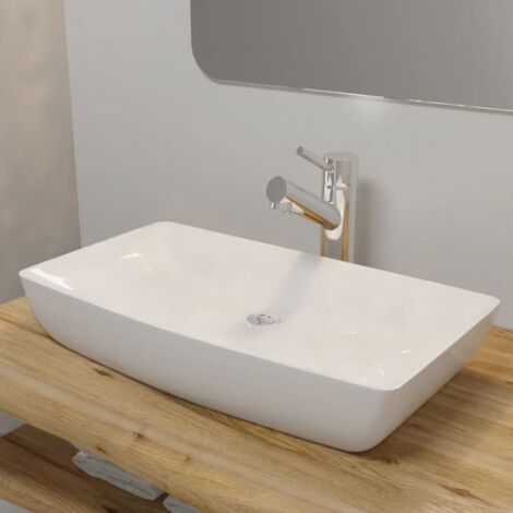 Vidaxl – Vasque à poser rectangulaire en céramique blanche 71 x 39 cm – Finition laquée moderne – Trou de vidange 4,5 cm – Installation au-dessus du comptoir