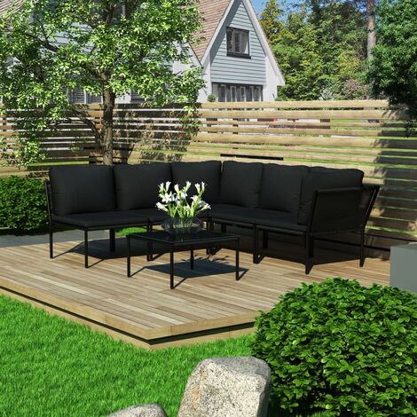 Vidaxl – Ensemble table et chaise de jardin 6 pcs – Coussins en PVC noir – Cadre en acier enduit de poudre – Dimensions 190x200x65 cm (1/5)
