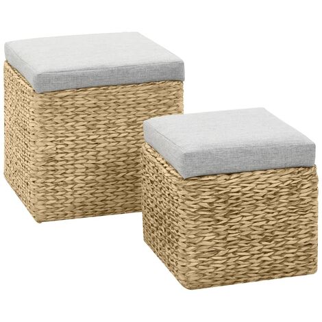 Vidaxl – Repose-pied lot de 2 jacinthe d'eau gris – Dimensions grand 43x43x44 cm et petit 34x34x34 cm – Matériau jacinthe d'eau et polyester