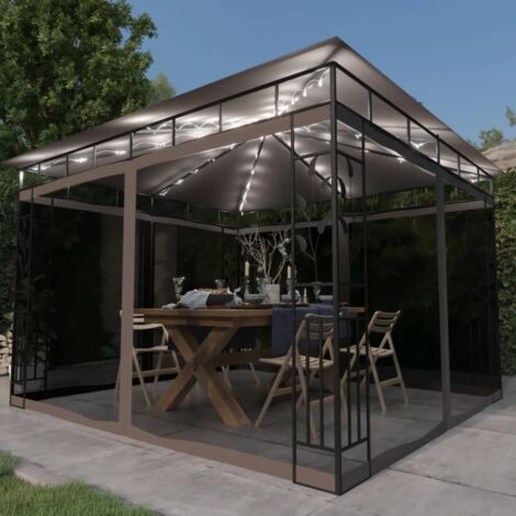 vidaXL Gazebo with Mosquito Net&LED String Lights 3x3x2,73 m Taupe (312251+315536)