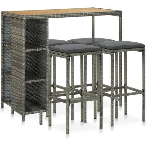 Ensemble de bar de jardin 5 pcs et coussins Résine tressée Gris vidaXL