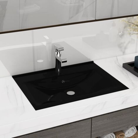 Vidaxl – Vasque à encastrer céramique noir 60x46cm – Perçage robinet 3,5cm – Hauteur 90mm – Installation suspendue ou encastrable