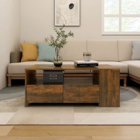 Vidaxl – Table basse fixe en chêne fumé 102x55x42 cm – Bois d'ingénierie – Grand espace de rangement avec étagère et tiroirs