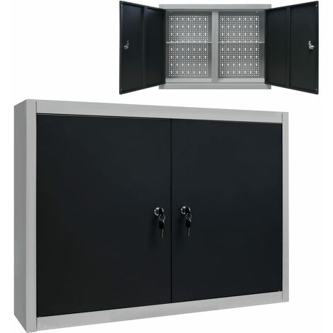 Vidaxl – Armoire à outils murale métal gris et noir – Dimensions 80 x 19 x 60 cm – 2 étagères réglables – Plaque perforée pour outils