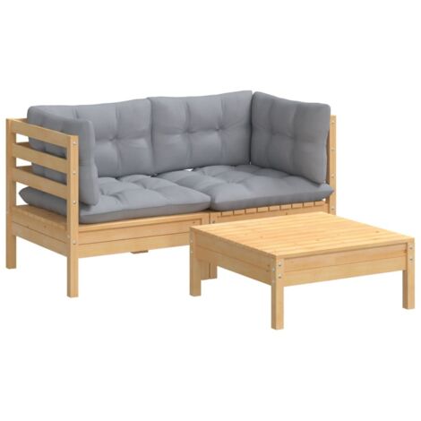 vidaXL 3 Piece Garden Lounge Set with Grey Cushions Pinewood (1/5)