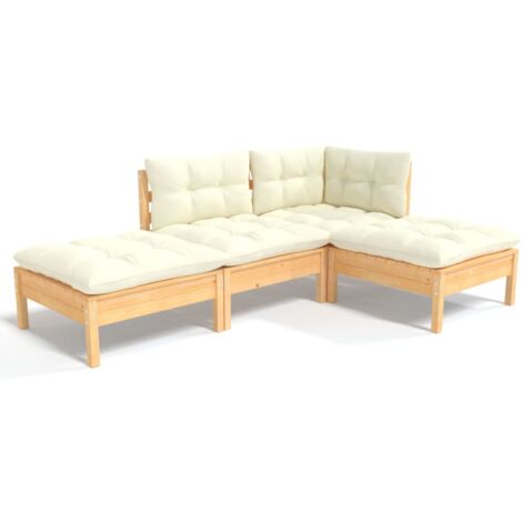 Salon de jardin 4 pcs avec coussins crème Bois de pin massif vidaXL