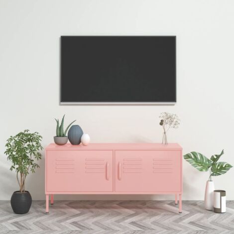 Vidaxl – Meuble TV en acier 105x35x50 cm – 2 portes avec étagère – Couleur rose – Rangement pour câbles – Design moderne