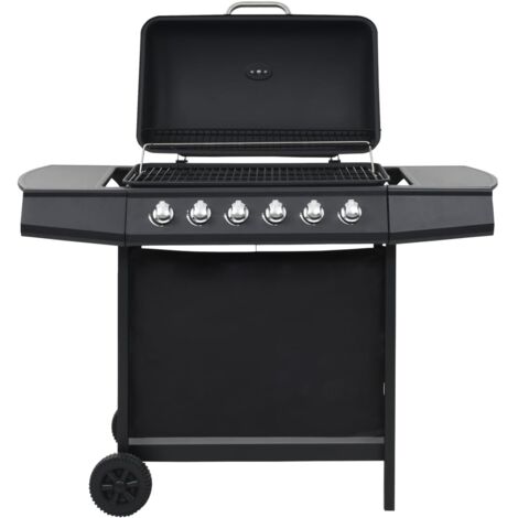 Vidaxl – Barbecue au gaz 6 zones de cuisson – Acier noir – Hotte avec thermomètre – Panneaux latéraux pour sauces – Collecteur de graisse amovible
